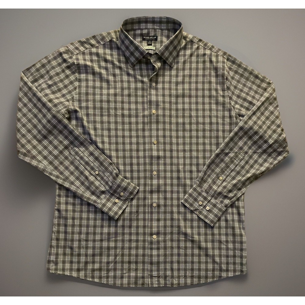 Peter Millar Long Sleeve Button Up Shirt Blue Gray Crown Logo Plaid Flex XL JBHS
